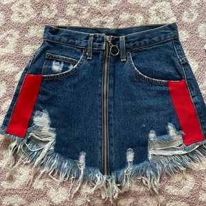 Carmar denim zip front skirt with red detailing